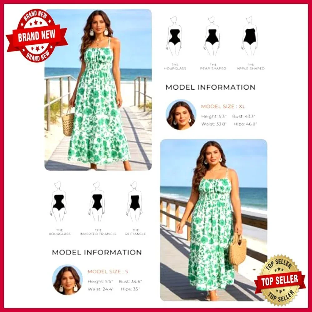 Floral Smocked Maxi Dress Boho Beach Sundress with Pockets Adjustable Straps_6